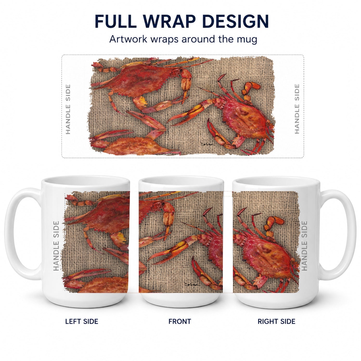Cooked Crabs on Faux Burlap Ceramic Coffee Mug 15 oz Decorative Large C Handle Mug Cup for Tea, Cocoa Hot Chocolate