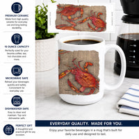 Cooked Crabs on Faux Burlap Ceramic Coffee Mug 15 oz Decorative Large C Handle Mug Cup for Tea, Cocoa Hot Chocolate