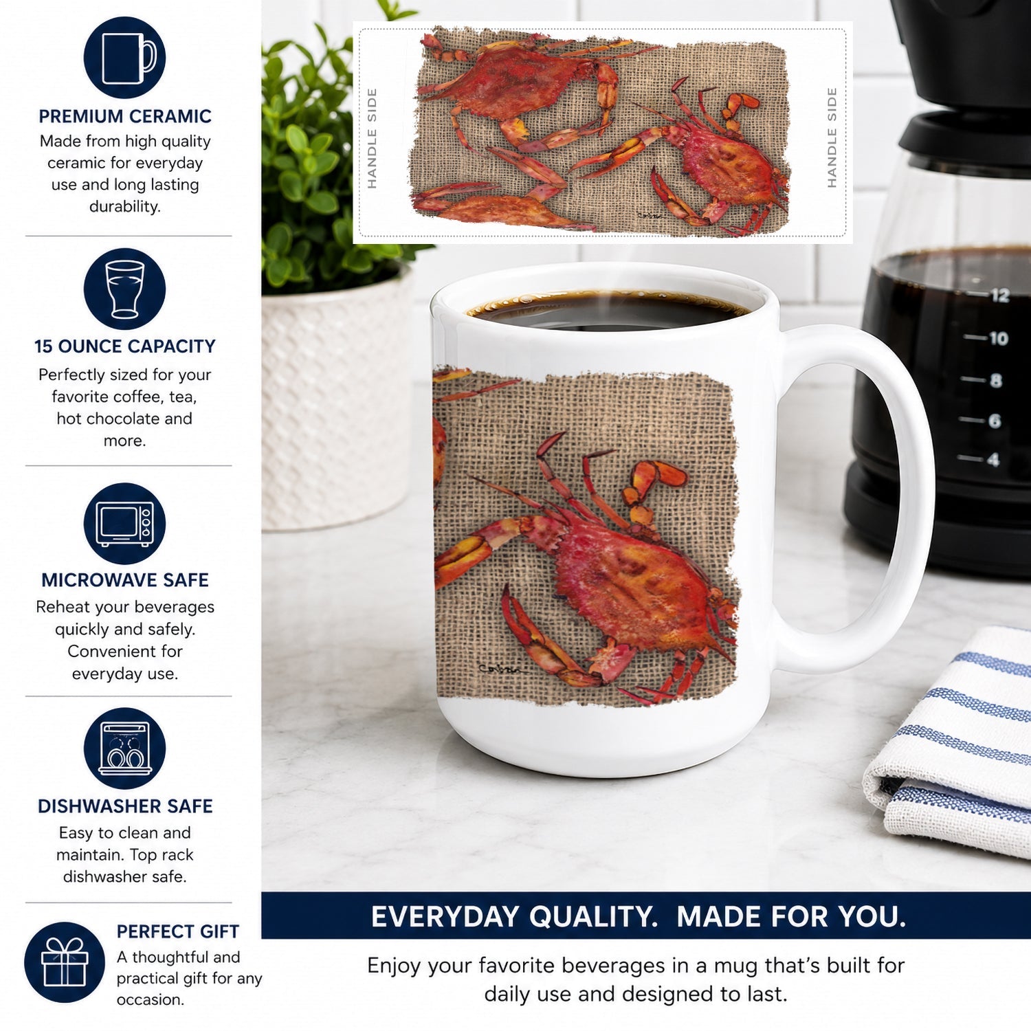 Cooked Crabs on Faux Burlap Ceramic Coffee Mug 15 oz Decorative Large C Handle Mug Cup for Tea, Cocoa Hot Chocolate