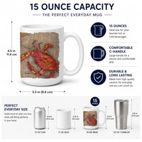 Cooked Crabs on Faux Burlap Ceramic Coffee Mug 15 oz Decorative Large C Handle Mug Cup for Tea, Cocoa Hot Chocolate