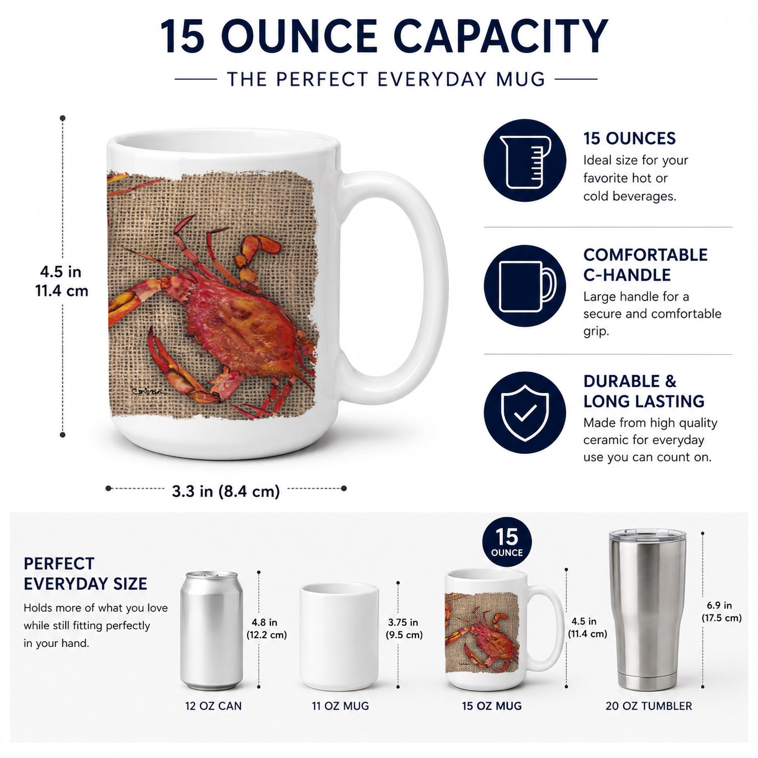 Cooked Crabs on Faux Burlap Ceramic Coffee Mug 15 oz Decorative Large C Handle Mug Cup for Tea, Cocoa Hot Chocolate