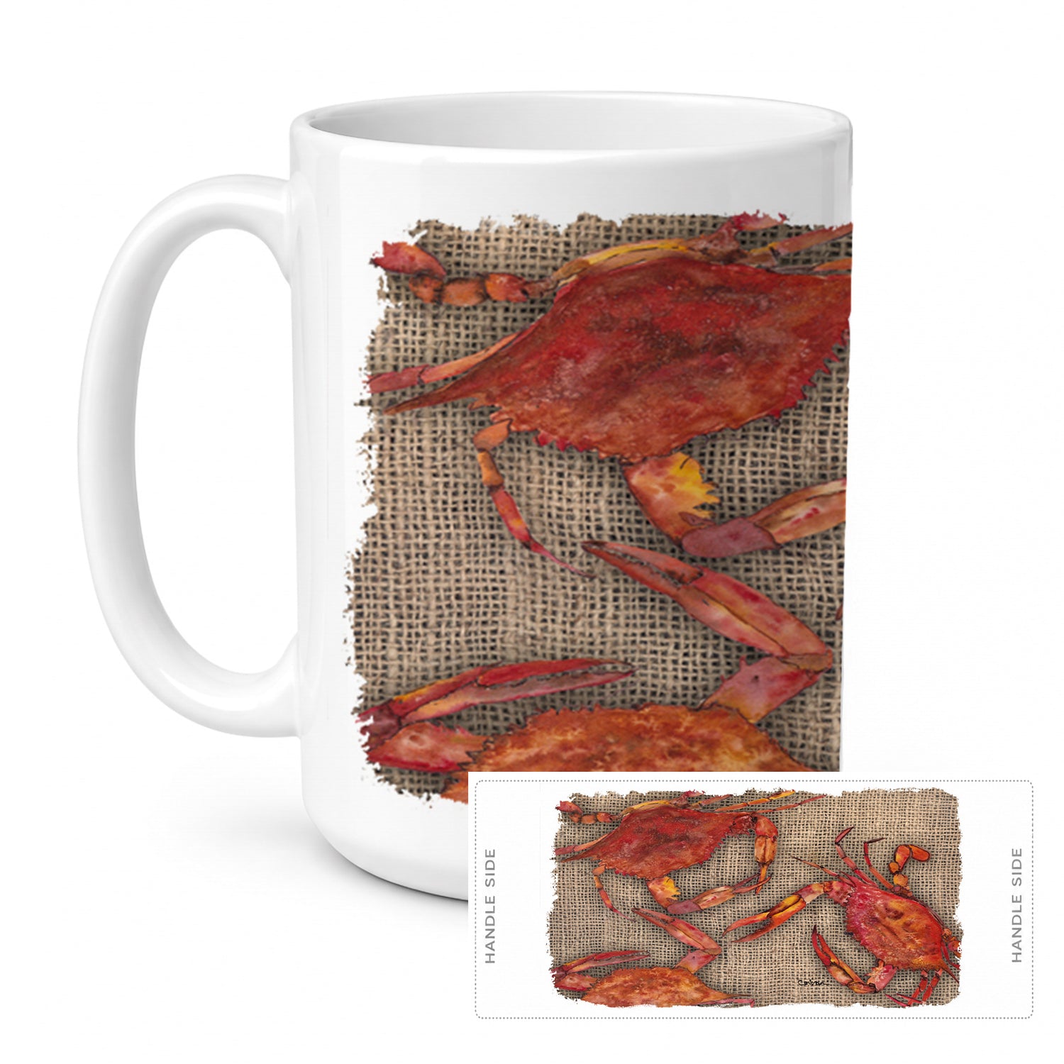 Cooked Crabs on Faux Burlap Ceramic Coffee Mug 15 oz Decorative Large C Handle Mug Cup for Tea, Cocoa Hot Chocolate