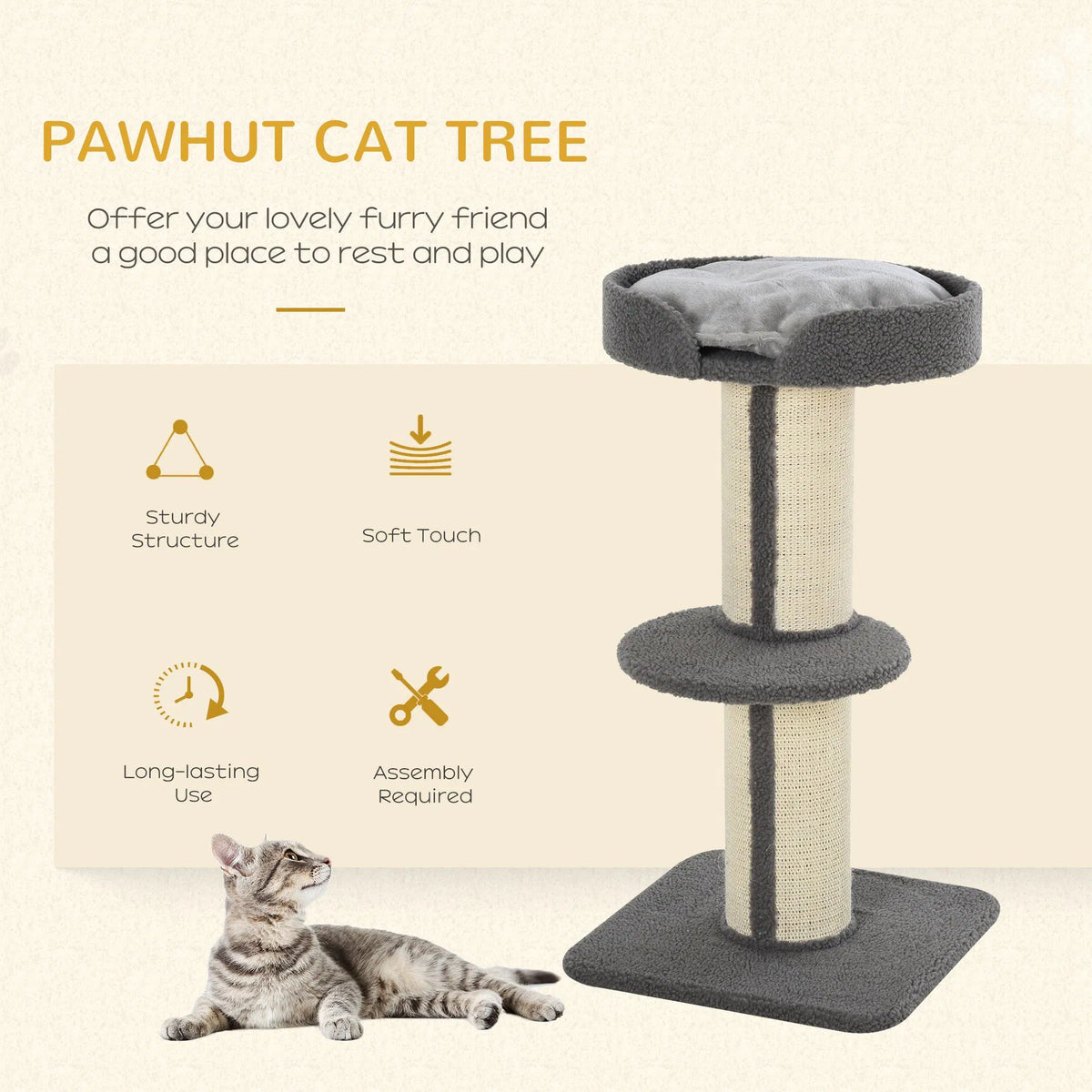 Cat Tree Kitty Tower with Sisal Mat Scratching Post, Cat Bed, Cushion, Perch, 18" x 18" x 36", Grey