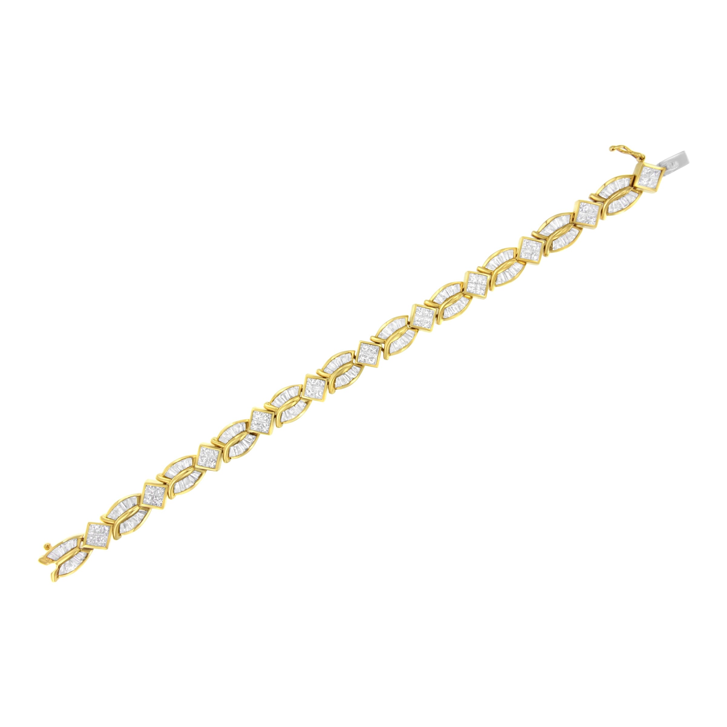 14K Yellow Gold 8 1/5 Cttw Baguette and Princess-Cut Diamond Geometric Twist Link Bracelet (G-H Color, VS1-VS2 Clarity) - Size 7"