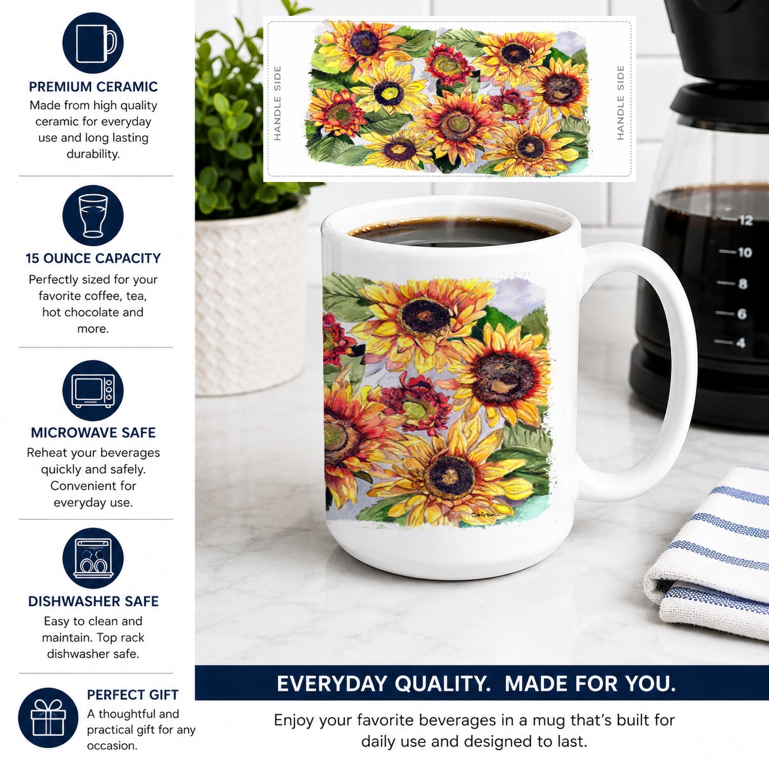 Sunflowers Ceramic Coffee Mug 15 oz Decorative Large C Handle Mug Cup for Tea, Cocoa Hot Chocolate