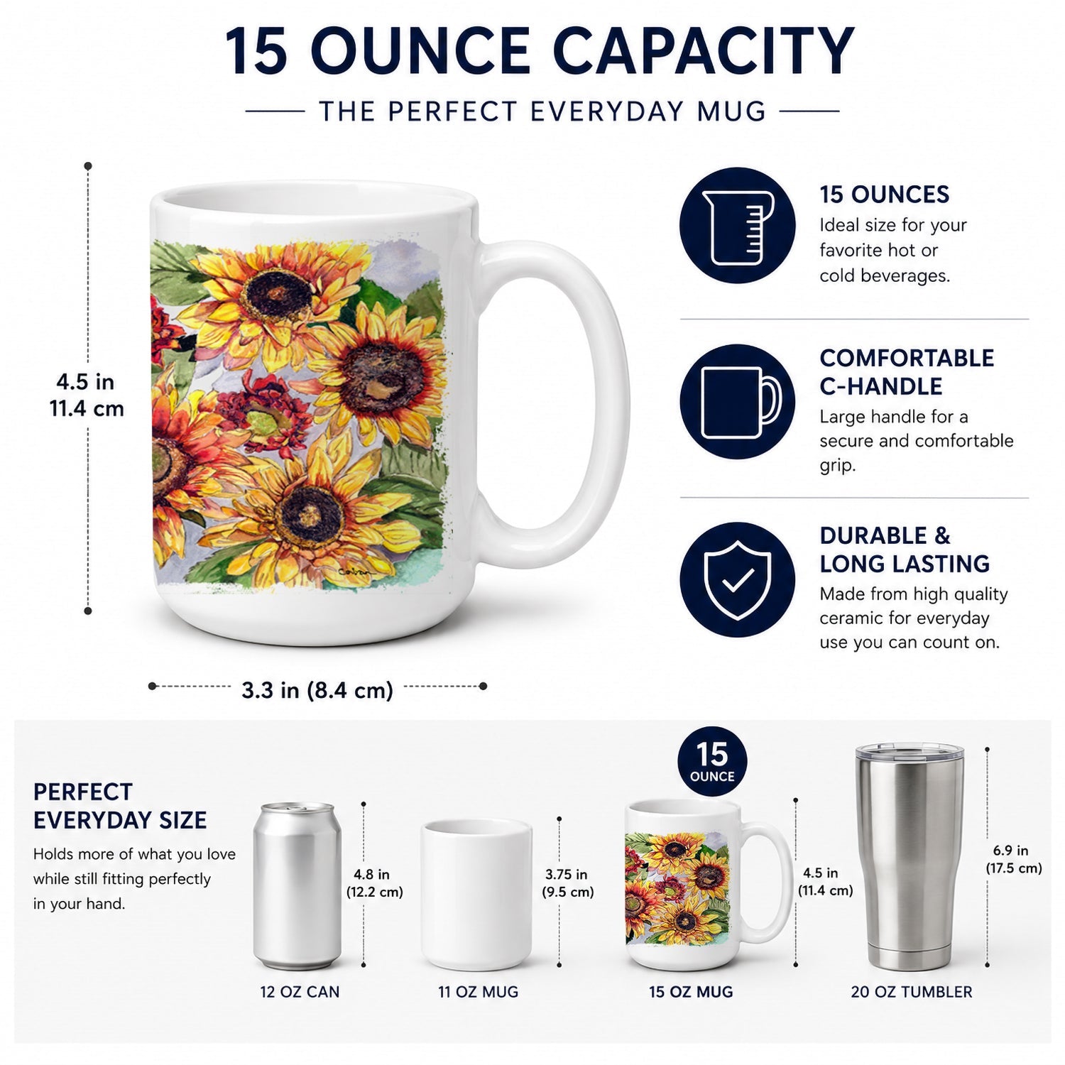 Sunflowers Ceramic Coffee Mug 15 oz Decorative Large C Handle Mug Cup for Tea, Cocoa Hot Chocolate