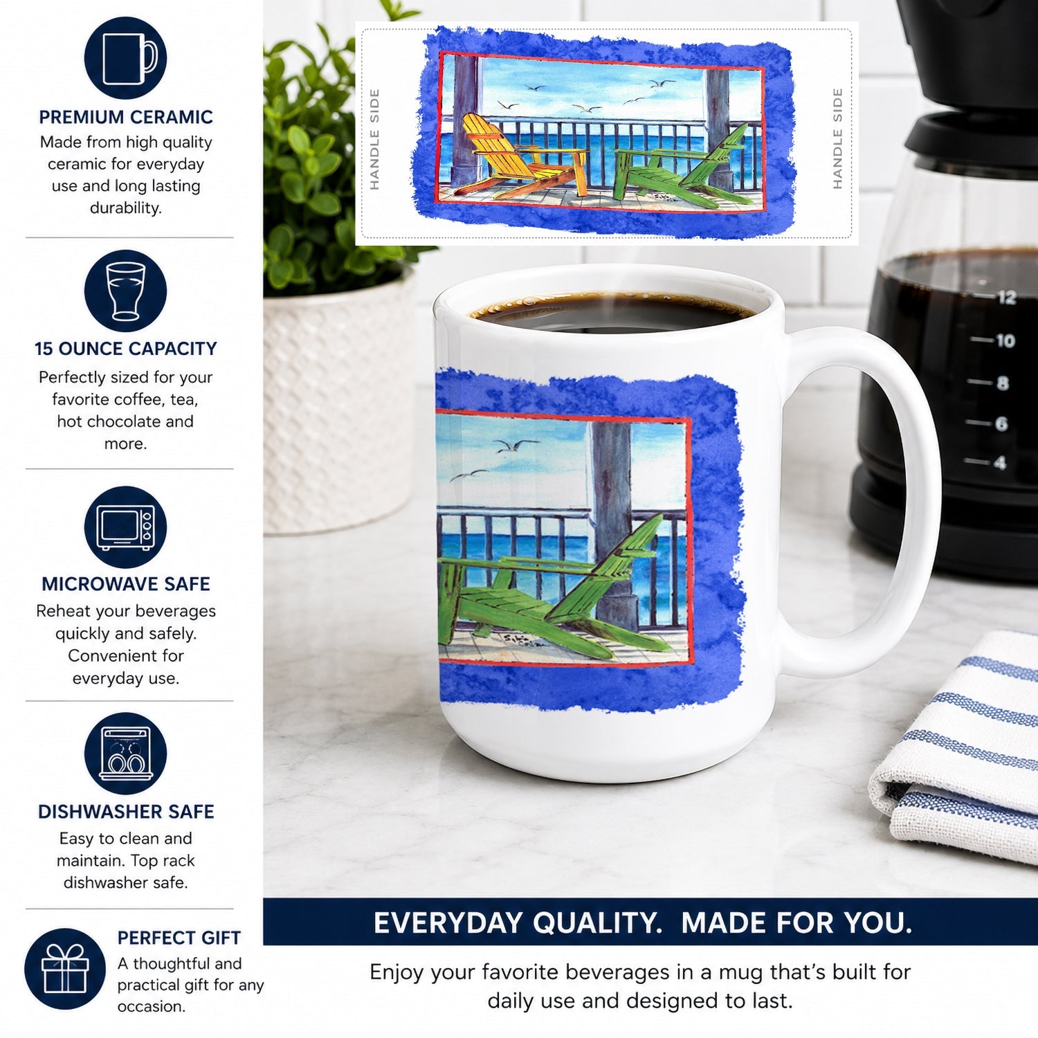Adirondack Chairs Blue Ceramic Coffee Mug 15 oz Decorative Large C Handle Mug Cup for Tea, Cocoa Hot Chocolate