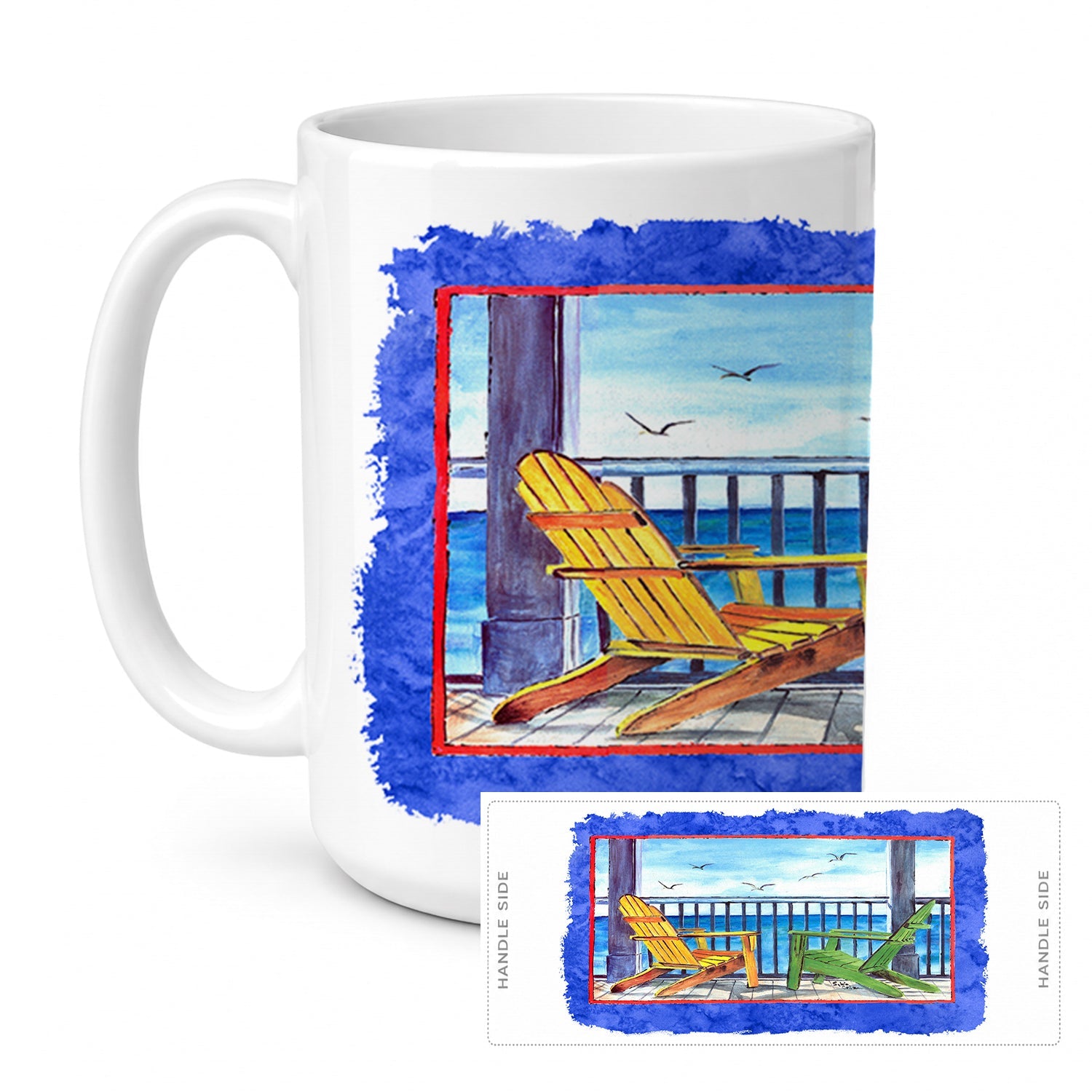 Adirondack Chairs Blue Ceramic Coffee Mug 15 oz Decorative Large C Handle Mug Cup for Tea, Cocoa Hot Chocolate