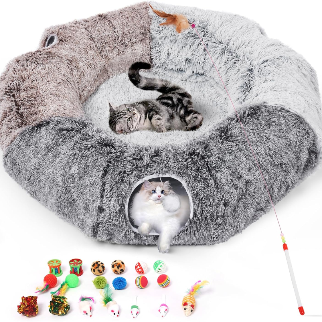 Large Cats Tunnels For Indoor Cats Fluffy Warm Cat Bed And Detachable Cave Tunnels With 20 Pet Toys, Donut Tunnel And Va
