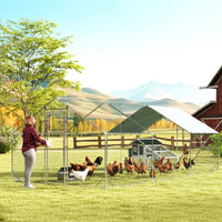 Metal Chicken Run w/ Waterproof & Anti-UV Cover, Feeding Door, Hanging Feeder, for 18-24 Chickens, 9.8 x 19.7 x 6.4