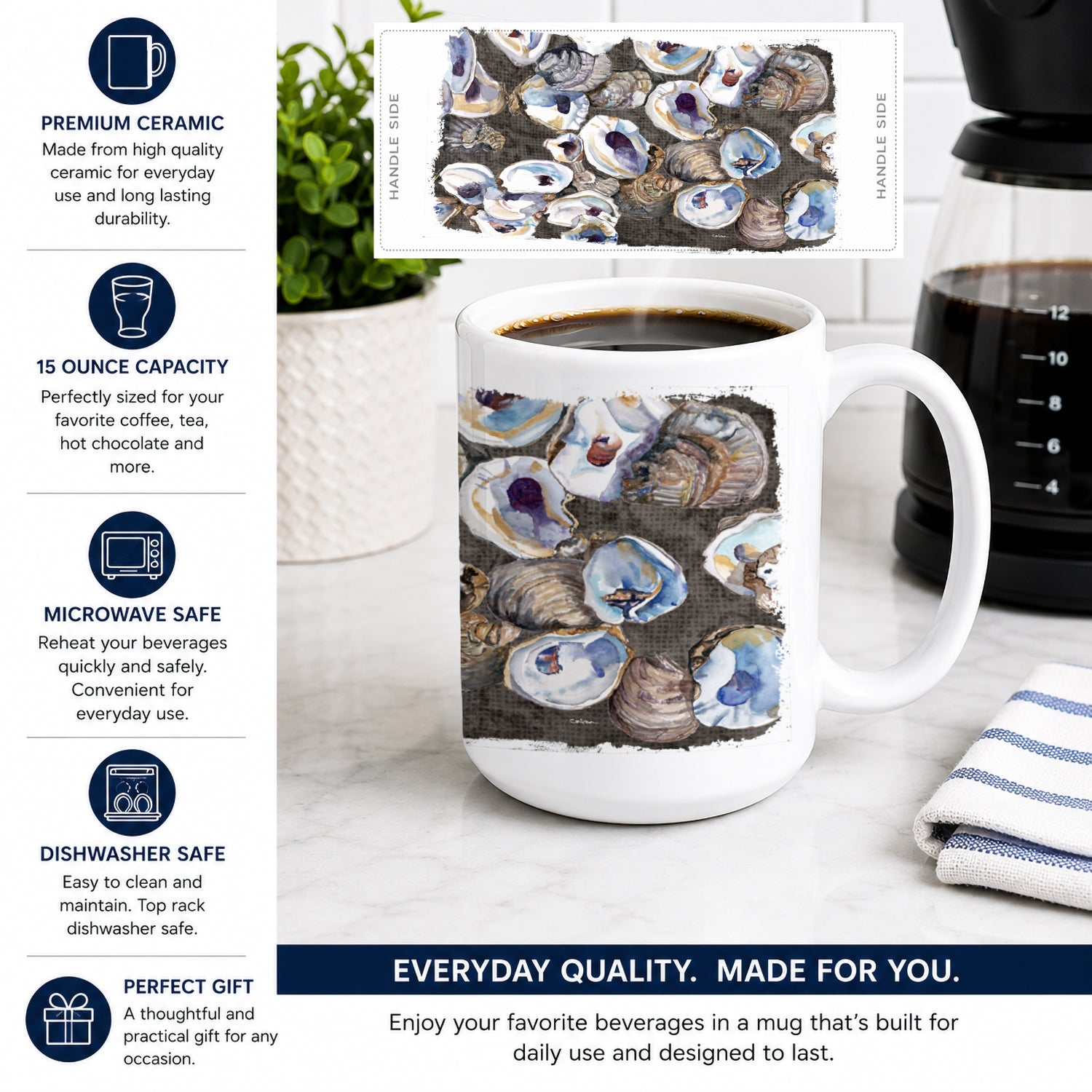Oysters Ceramic Coffee Mug 15 oz Decorative Large C Handle Mug Cup for Tea, Cocoa Hot Chocolate