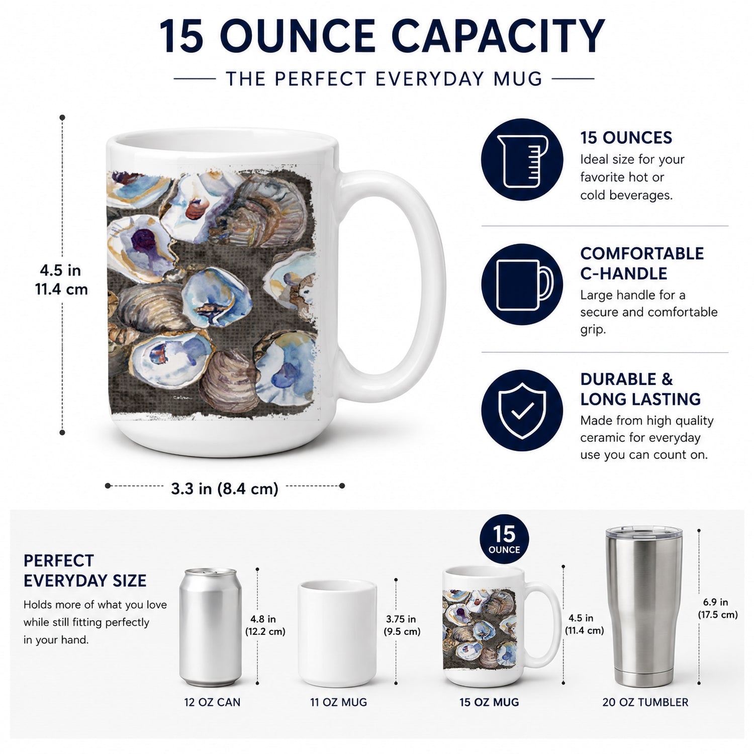 Oysters Ceramic Coffee Mug 15 oz Decorative Large C Handle Mug Cup for Tea, Cocoa Hot Chocolate