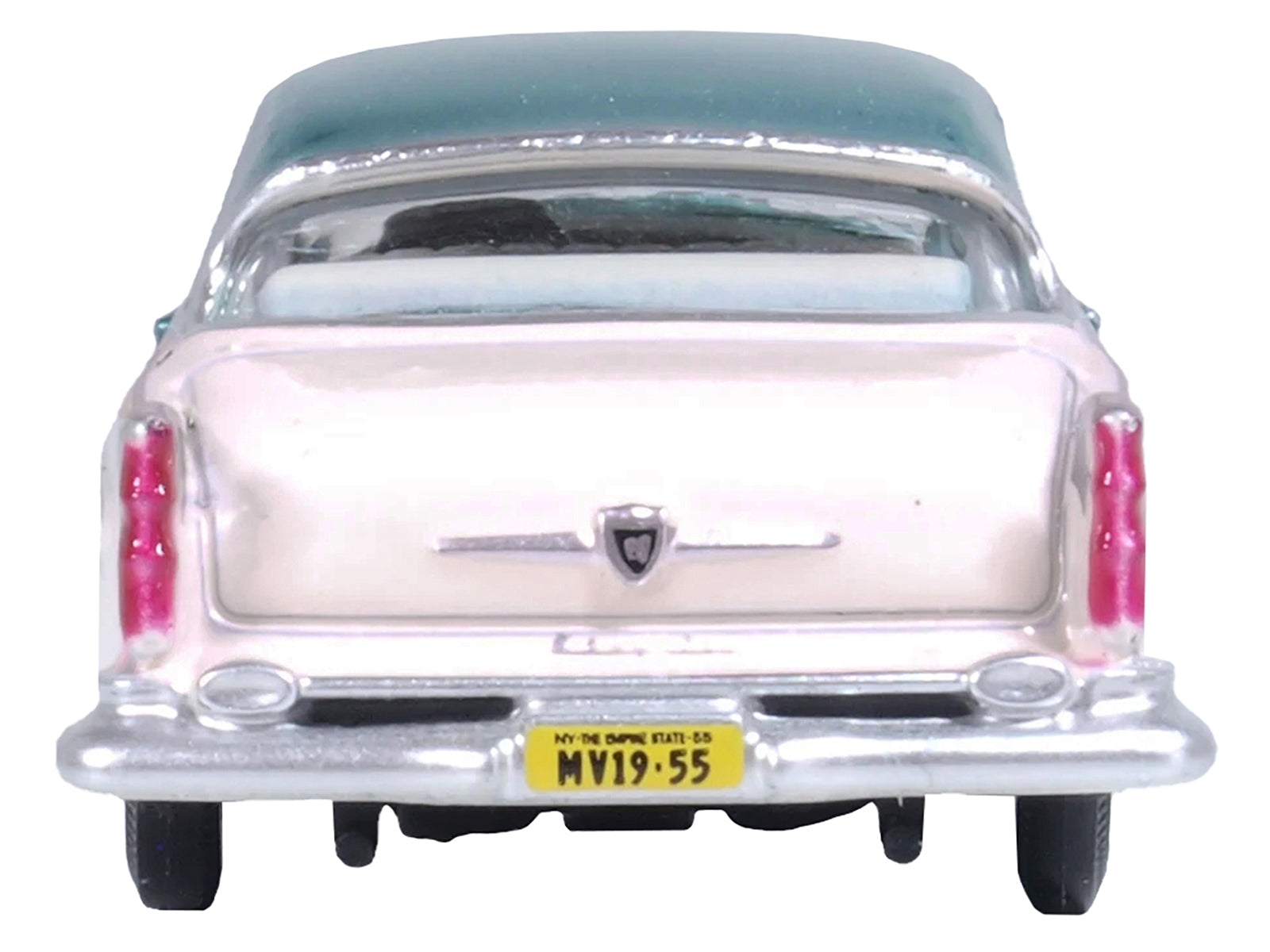 1955 Chrysler New Yorker Deluxe St. Regis Jade Green Metallic and Cream 1/87 (HO) Scale Diecast Model Car by Oxford Diecast