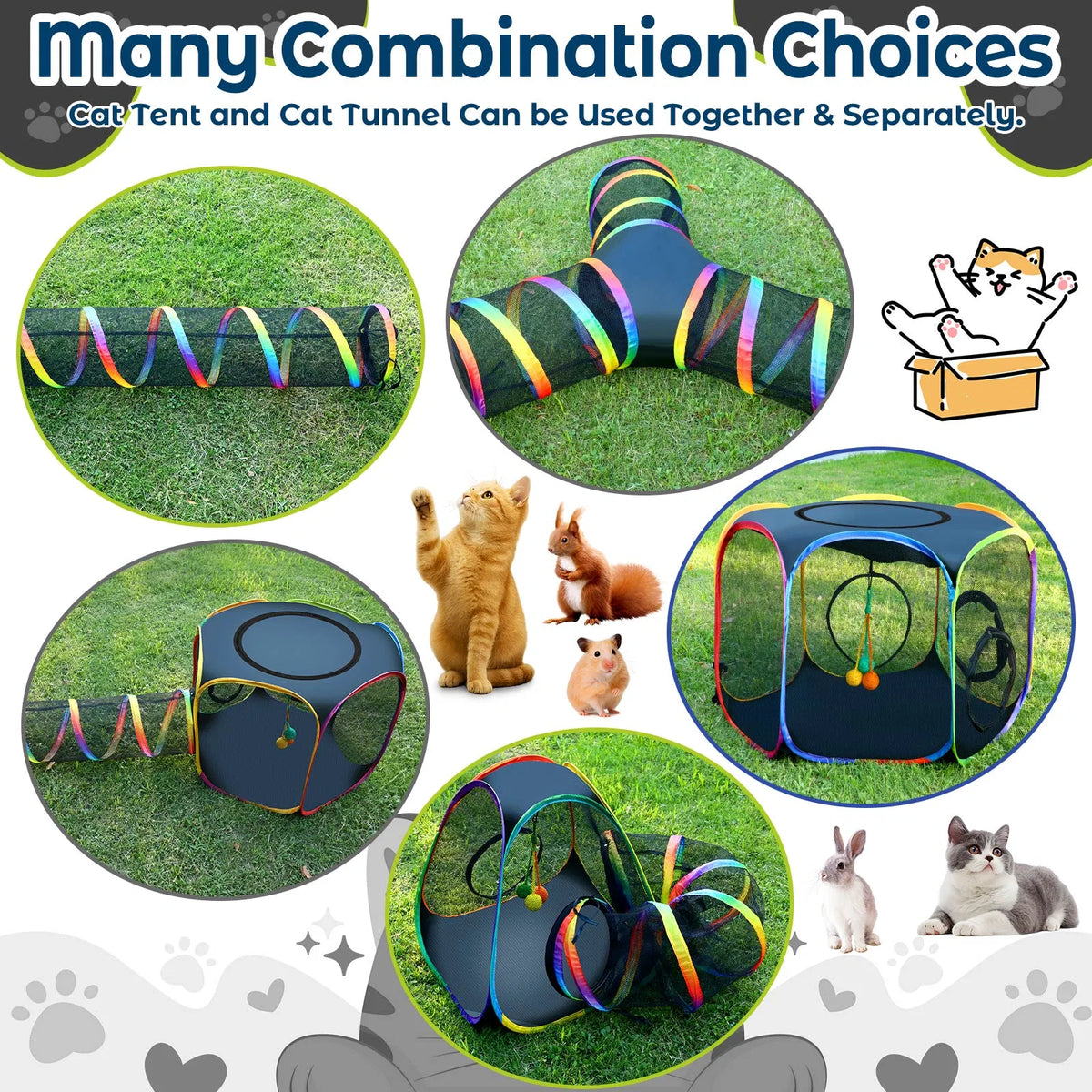 Portable Cat Enclosure - 7-in-1 Outdoor Catio with Tent & Tunnel, Foldable Playpen for Indoor Cats, Includes Storage Bag