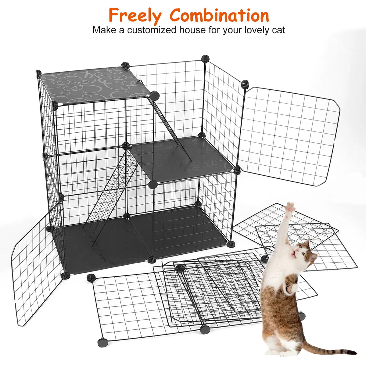 3 Tier Cat Playpen Cage Metal Indoor Cat House Detachable Kitten House with 3 Doors 2 Ladders Large Cat Exercise Place f