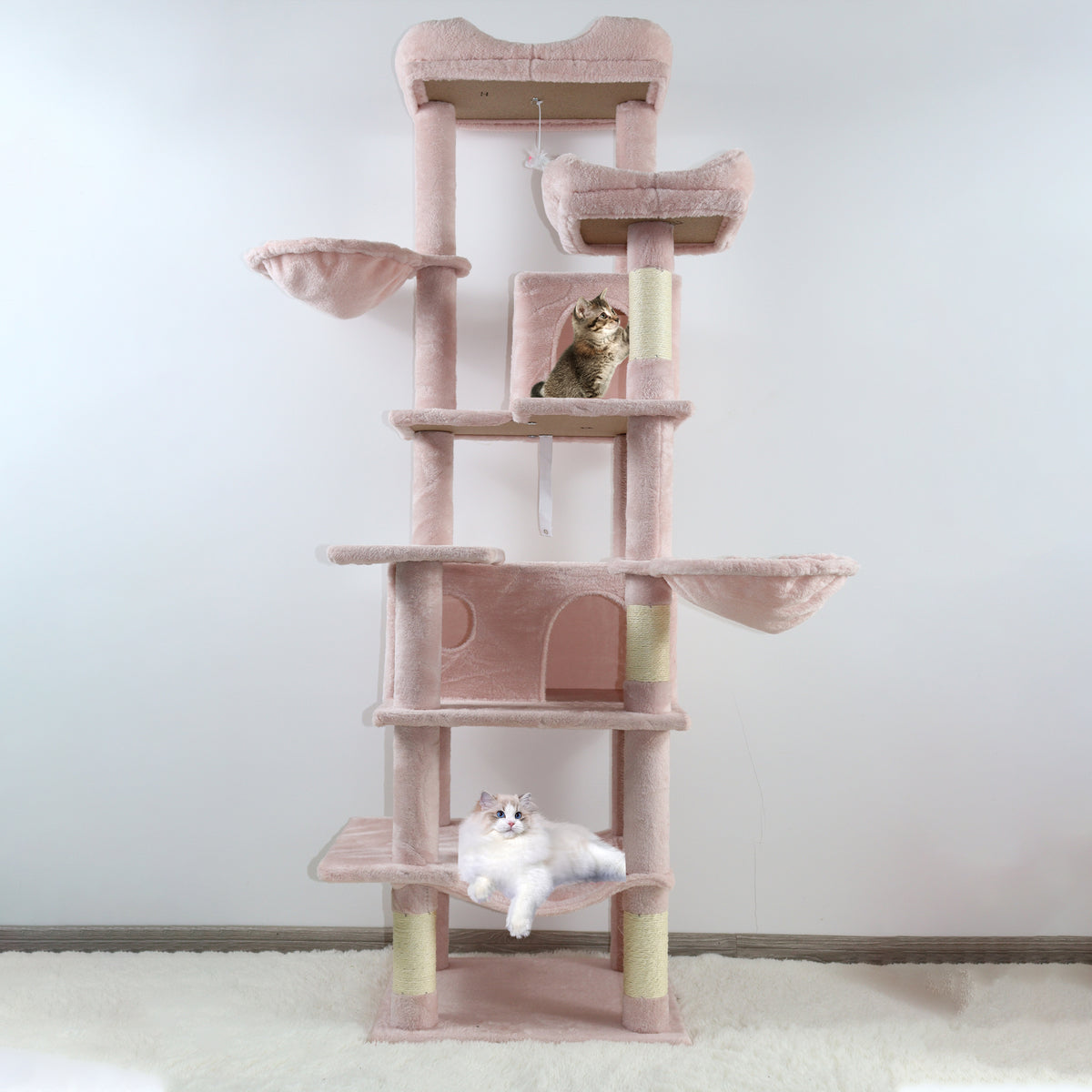 68in Tall Multi-Level Green Cat Tree with Hammocks, Hanging Basket, Cat Cave, Removeable Cushion, Scratching Posts - Plu