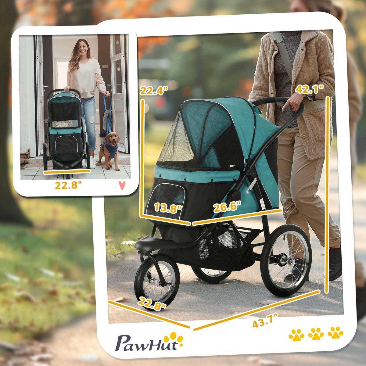 3 Wheels Pet Stroller for Small Dogs and Medium Dogs with Adjustable Canopy, Safety Tether, Storage Basket, Dark Green