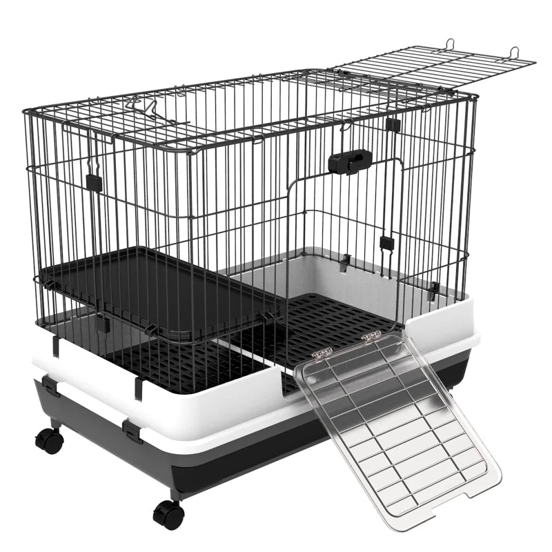 PawHut 2-Level Small Animal Cage Rabbit Hutch With Wheels, Removable Tray, Platform And Ramp For Bunny, Chinchillas, Fer