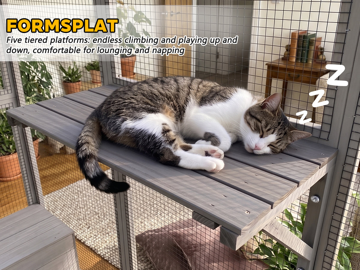 Gray Wooden Catio Pet Enclosure with Waterproof Top, Spacious and Secure Cat House & Small Animal Cage,2 Napping Boxes