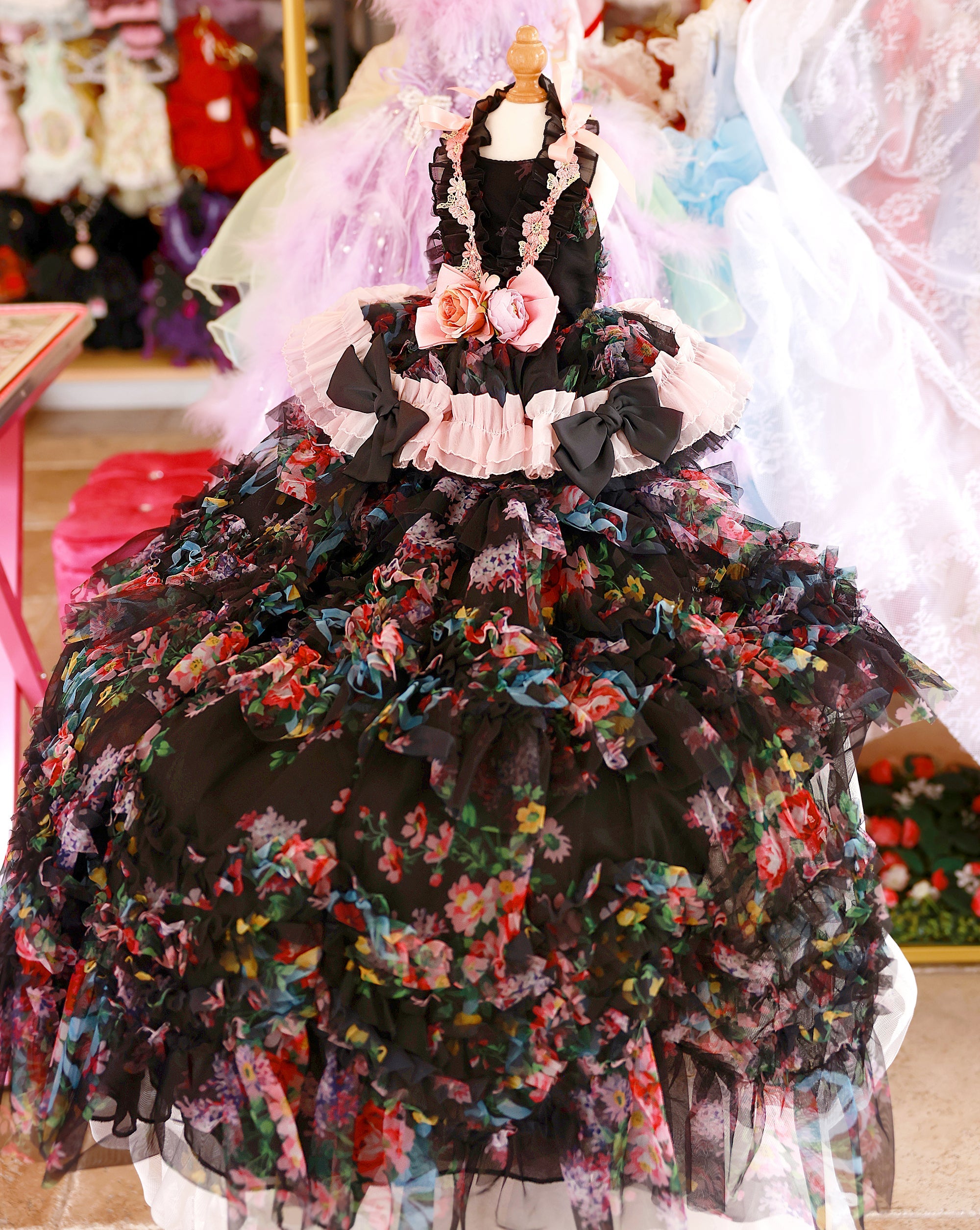 Luxury Floral Dog Dress with Ruffled Skirt & Pink Bow