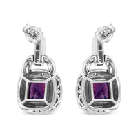 .925 Sterling Silver 8MM Natural Cushion Shaped Amethyst and Diamond Accent Halo with Push Back Dangle Earrings (I-J Color, I2-I3 Clarity)
