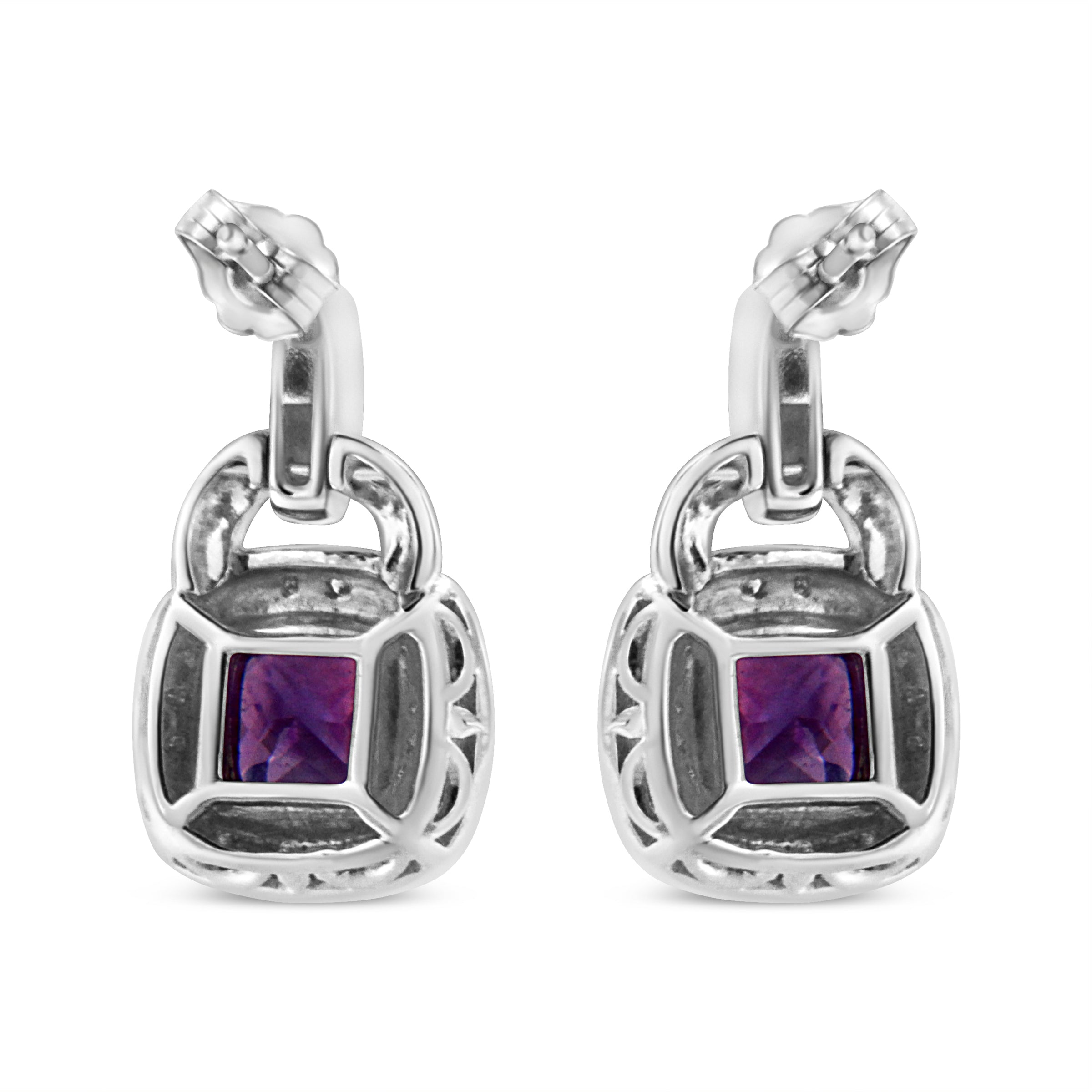 .925 Sterling Silver 8MM Natural Cushion Shaped Amethyst and Diamond Accent Halo with Push Back Dangle Earrings (I-J Color, I2-I3 Clarity)