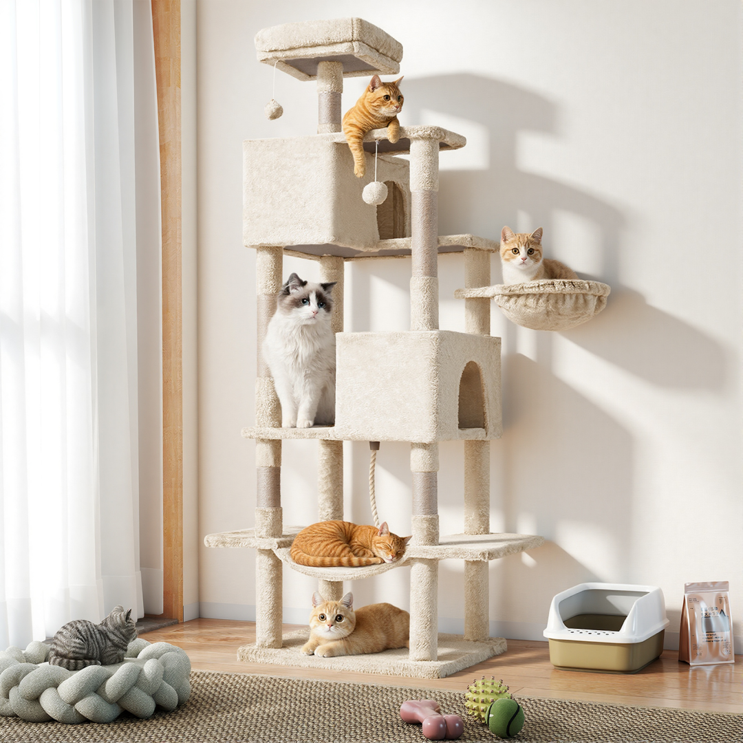 66 Inch Cat Tree Tower, Large Multi-Cat Climbing Extended Platform, Hammock, Pet House For Indoor Cats And Kittens Play