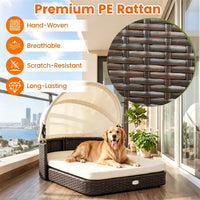Hand-Woven PE Rattan Dog Bed with Adjustable Canopy, Elevated Outdoor Pet Daybed with Washable Plush Cushion, Anti-Slip 
