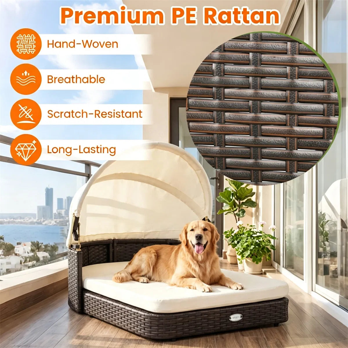 Hand-Woven PE Rattan Dog Bed with Adjustable Canopy, Elevated Outdoor Pet Daybed with Washable Plush Cushion, Anti-Slip 