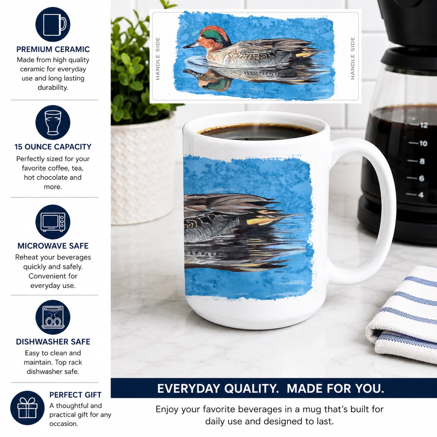 Teal Duck Ceramic Coffee Mug 15 oz Decorative Large C Handle Mug Cup for Tea, Cocoa Hot Chocolate