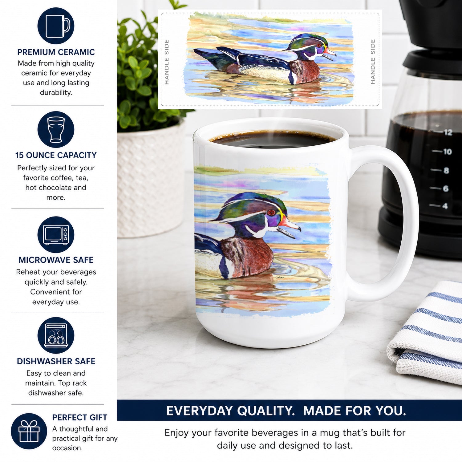 Wood Duck Ceramic Coffee Mug 15 oz Decorative Large C Handle Mug Cup for Tea, Cocoa Hot Chocolate
