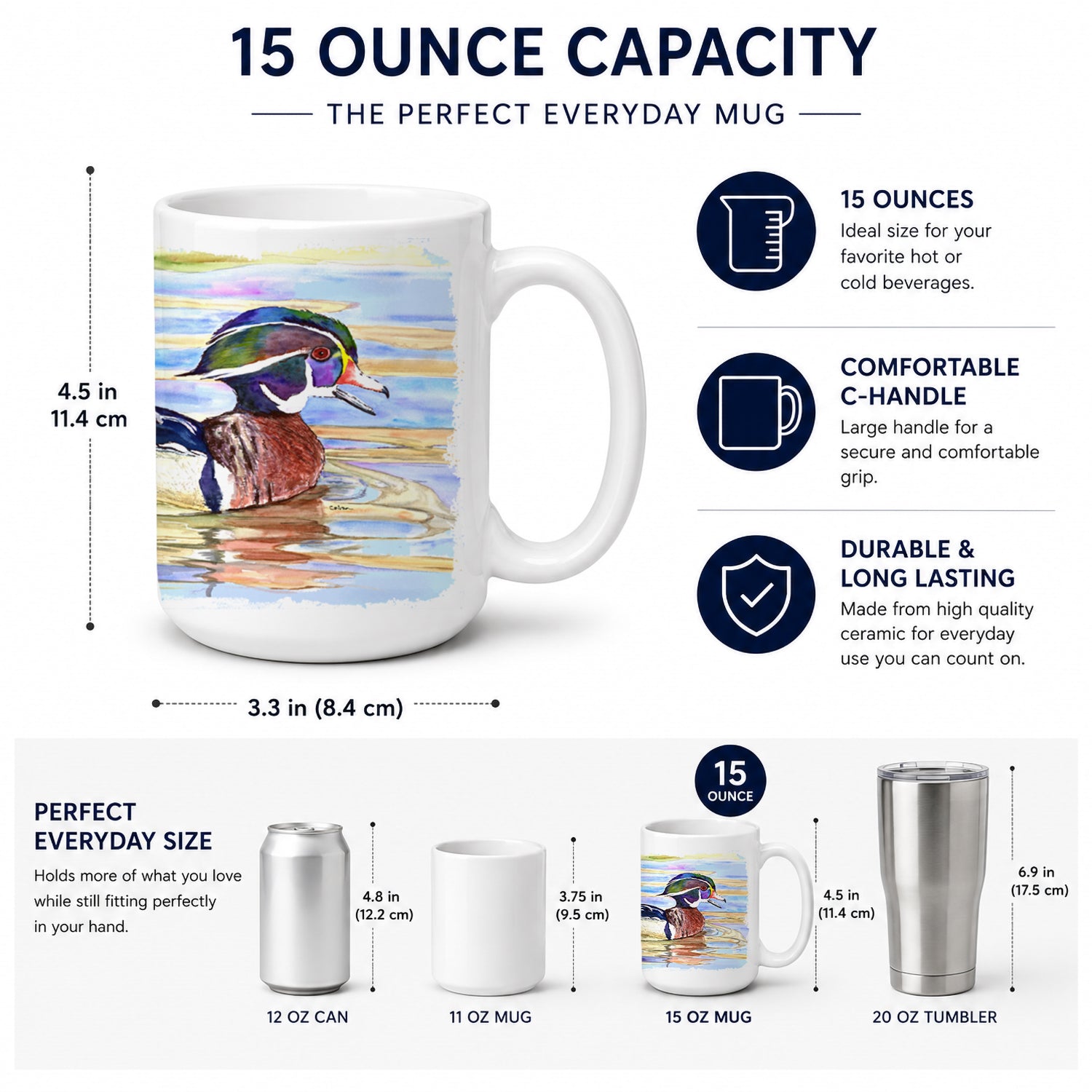 Wood Duck Ceramic Coffee Mug 15 oz Decorative Large C Handle Mug Cup for Tea, Cocoa Hot Chocolate