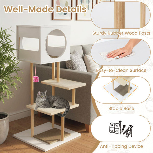 Multi-Level Cat Tree With 2 Scratching Pads, Dual-Door Cat Condo & Anti-Tipping Kit For Indoor Cats