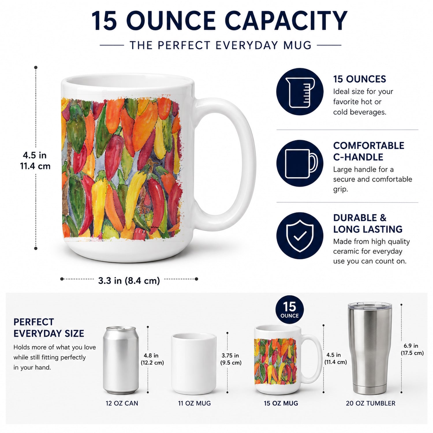 Hot Peppers Ceramic Coffee Mug 15 oz Decorative Large C Handle Mug Cup for Tea, Cocoa Hot Chocolate