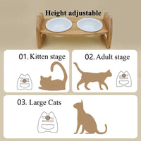 Pet Bowl Ceramic Double Bowl Wooden Stand Neck Protection Dog Cat Food Basin Height Adjustable Tilt Separate Bowls Pet Accessori