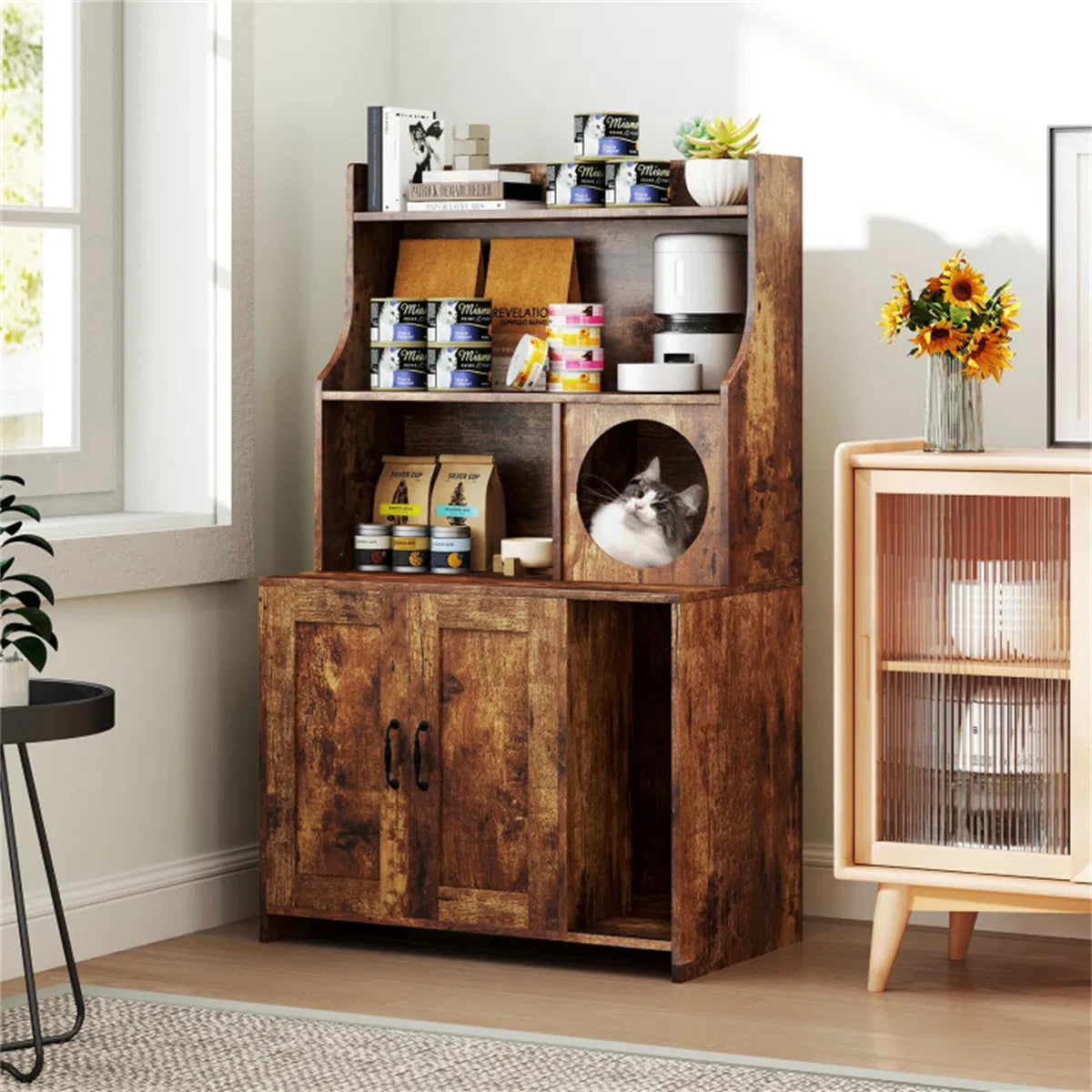 Wooden Hidden Cat Litter Box Enclosure with Storage Shelves Anti-Toppling Design Industrial Style Brown