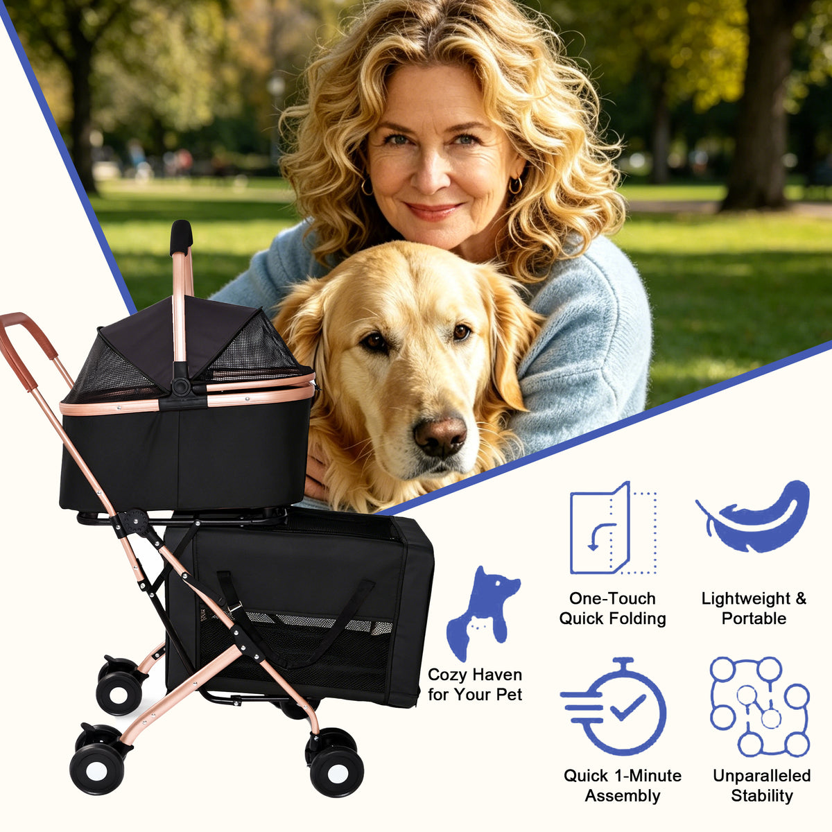 3-in-1 Double Pet Stroller For Small Medium Dogs Cats, Foldable Frame Convertible Pet Carrier Tote, Shockproof Wheels Wi