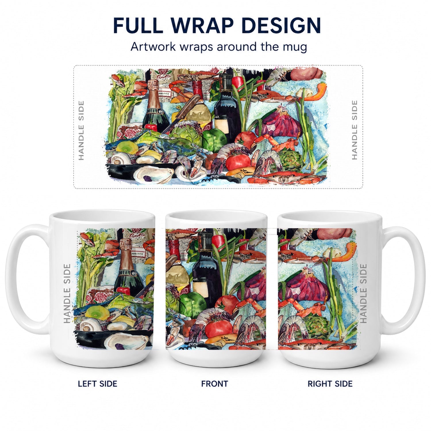 Wine Crab Shrimp and Oysters Ceramic Coffee Mug 15 oz Decorative Large C Handle Mug Cup for Tea, Cocoa Hot Chocolate