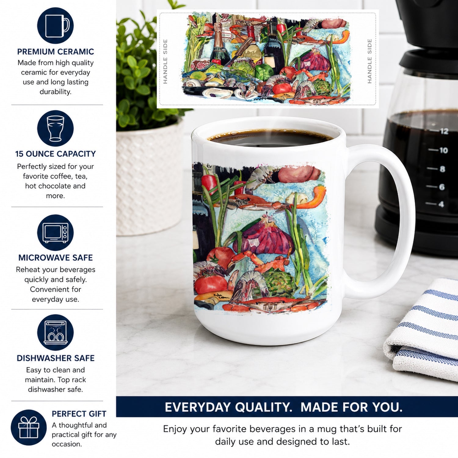 Wine Crab Shrimp and Oysters Ceramic Coffee Mug 15 oz Decorative Large C Handle Mug Cup for Tea, Cocoa Hot Chocolate