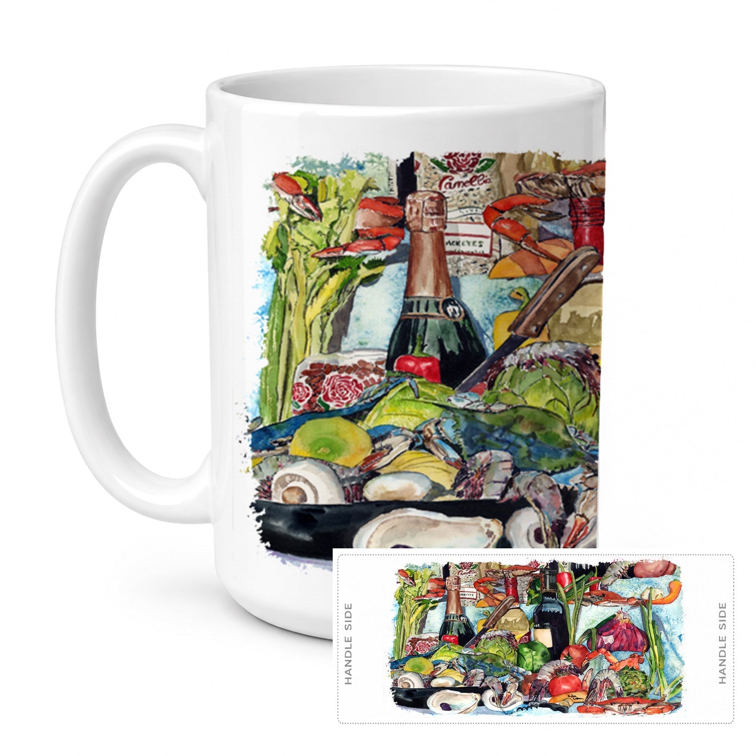 Wine Crab Shrimp and Oysters Ceramic Coffee Mug 15 oz Decorative Large C Handle Mug Cup for Tea, Cocoa Hot Chocolate