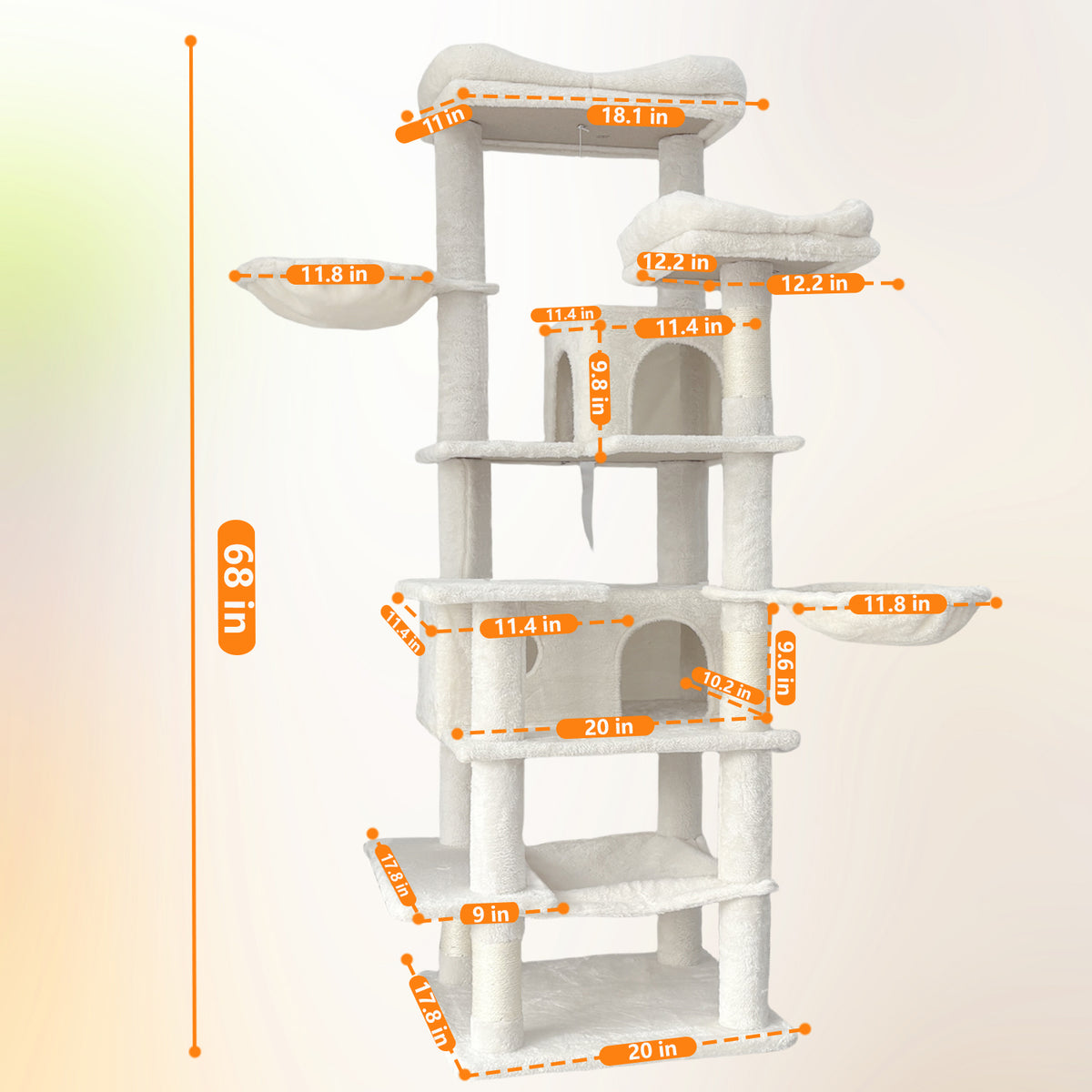 68in Tall Multi-Level Green Cat Tree with Hammocks, Hanging Basket, Cat Cave, Removeable Cushion, Scratching Posts - Plu