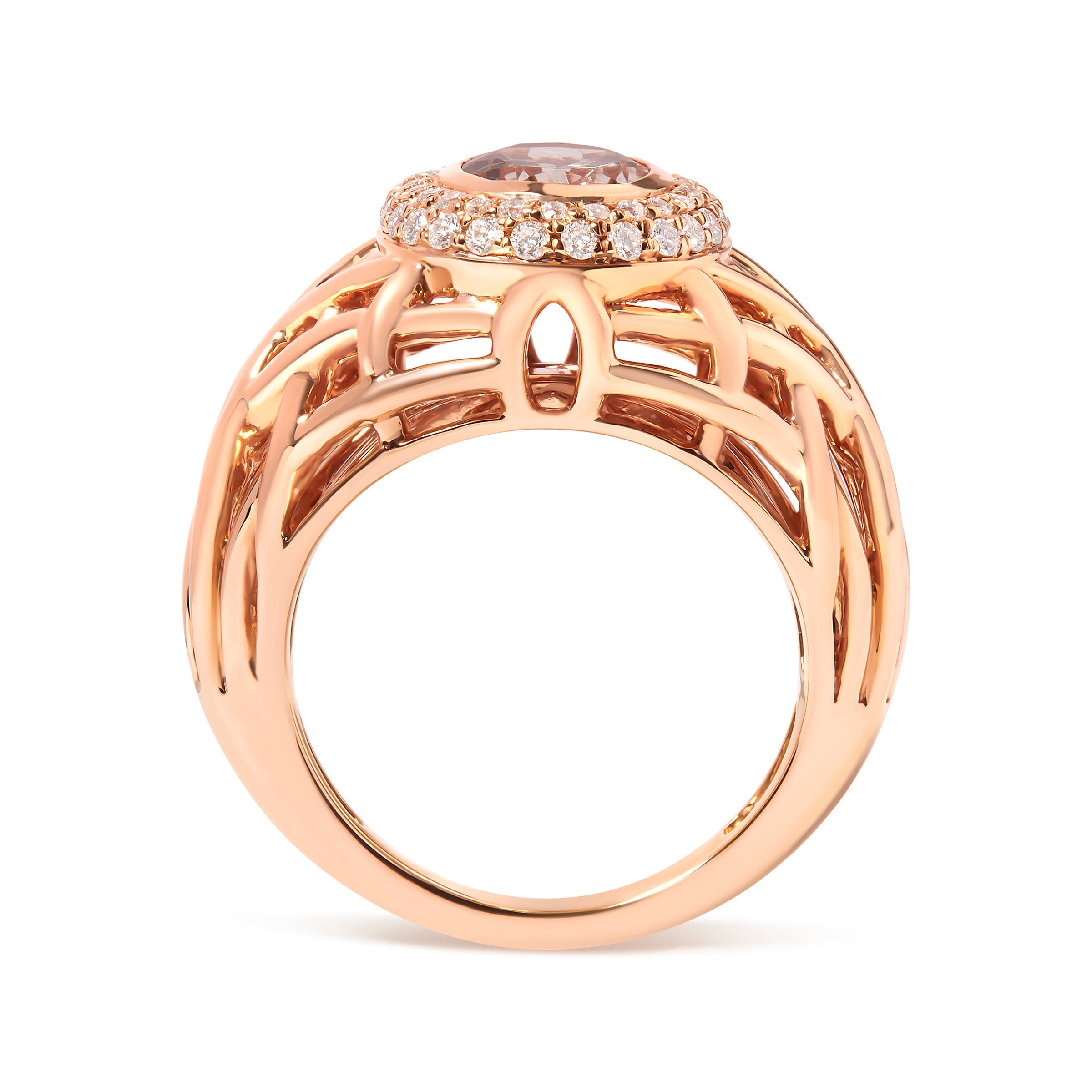 14K Rose Gold Oval Cut Light Pink Morganite and 3/8 Cttw Diamonds Halo and Basket Weave Cocktail Ring (G-H Color, SI1-SI2 Clarity) - Size 7