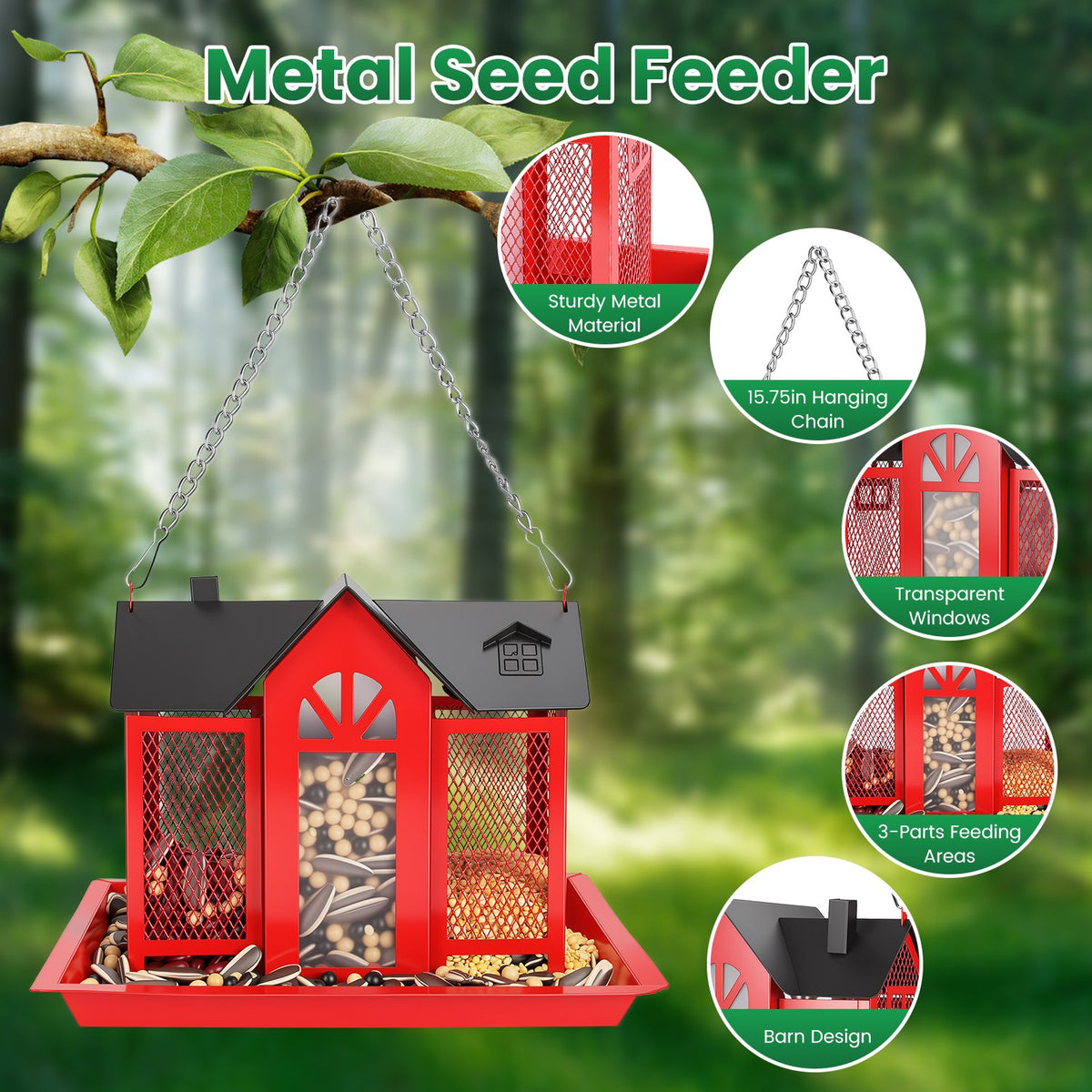 1Pc Metal Hanging Bird Feeder House Classic Barn Bird Feeder House Iron Hanging Outdoor Feeder With Visible Window And L