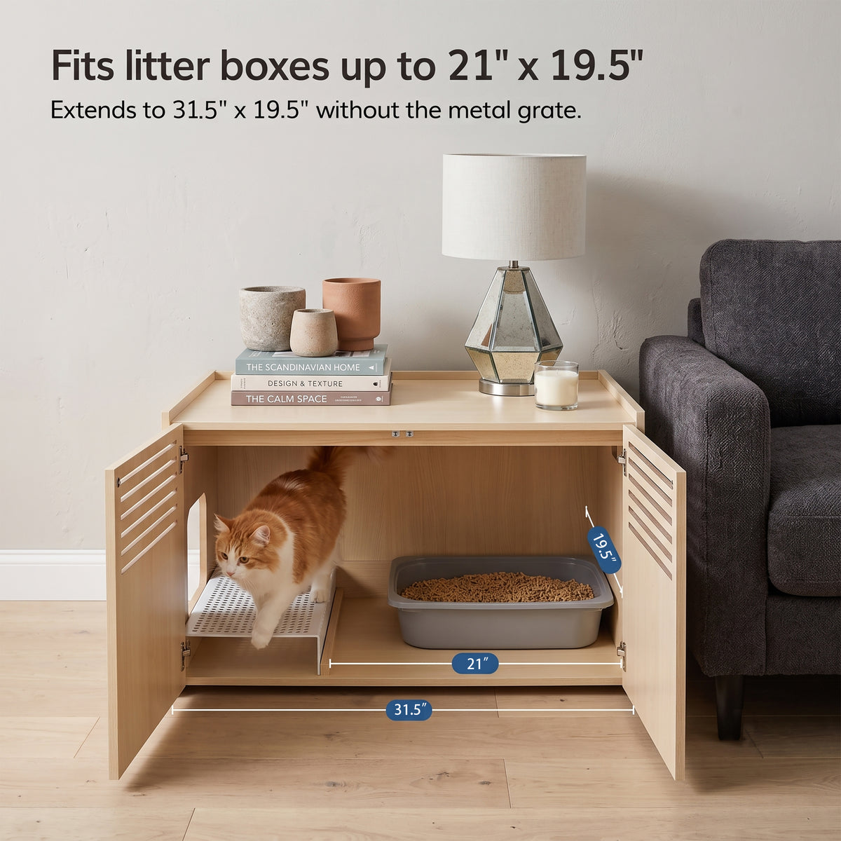 Modern Wooden Cat House with Scratching Pad , Cat Litter Box Enclosure, Spacious Hidden Cat Litter Box -33.46" x 21.06" 