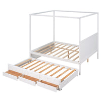 Queen Size Canopy Platform Bed with Twin Size Trundle and Three Storage Drawers White