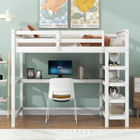 Full Size Loft Bed with Storage Shelves and Under-bed Desk  White