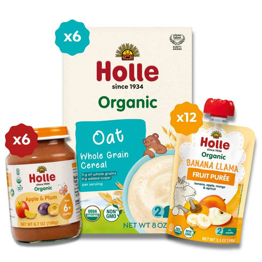 Starting Solids Variety Bundle: Apple & Plum Jars, Oat Cereal, Banana Llama