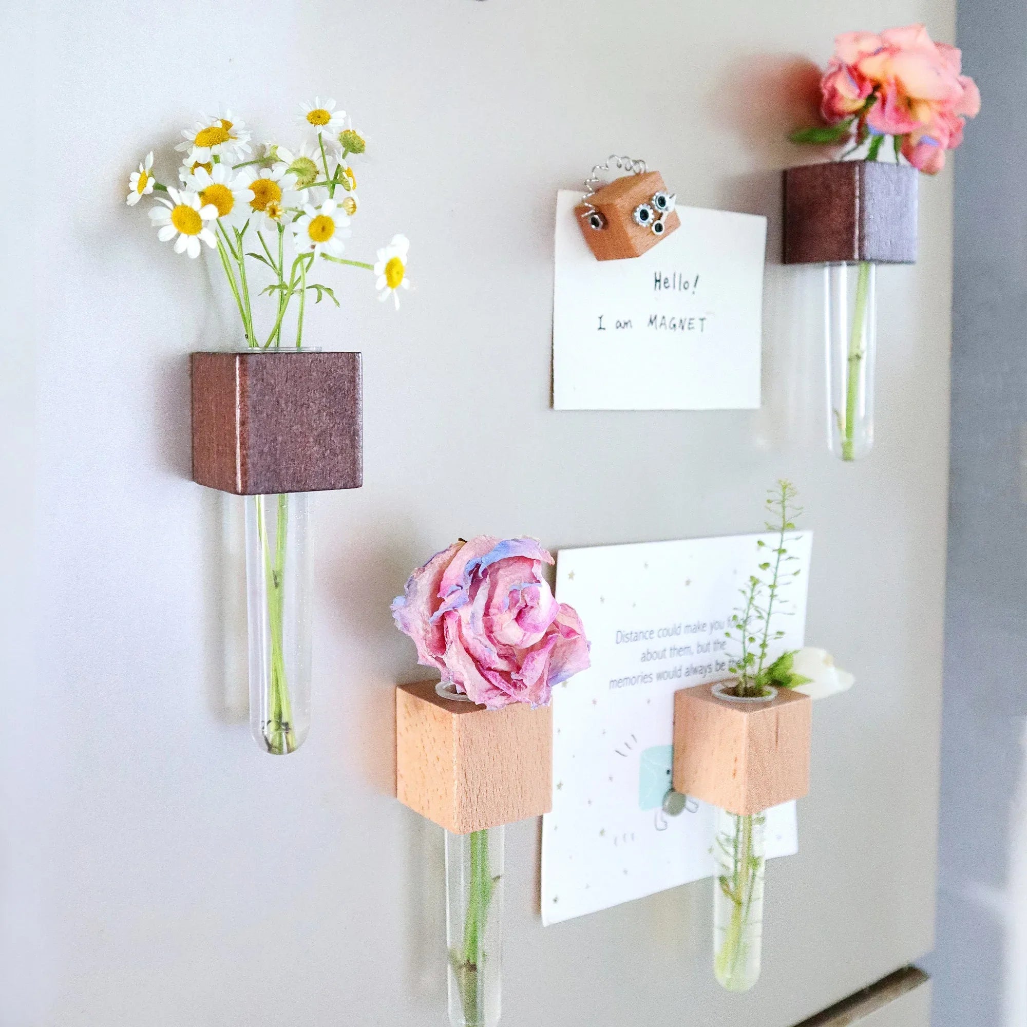 Mini Vase Magnets – Set of 2 – Beech & Walnut Wood – Decorative Fridge Magnets for Small Flowers or Greenery - BIG FRENCHIES