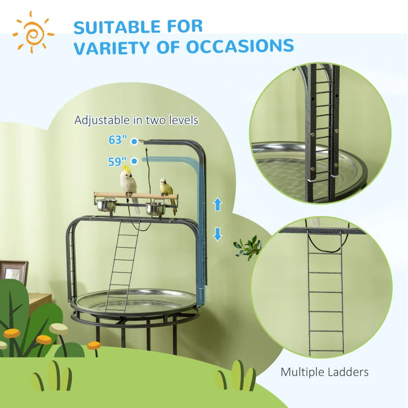 PawHut Parrot Stand Large Bird Perch Stand With Toy Hook 3 Ladders, Parrot Perch, Bird Wooden Stand, Gray