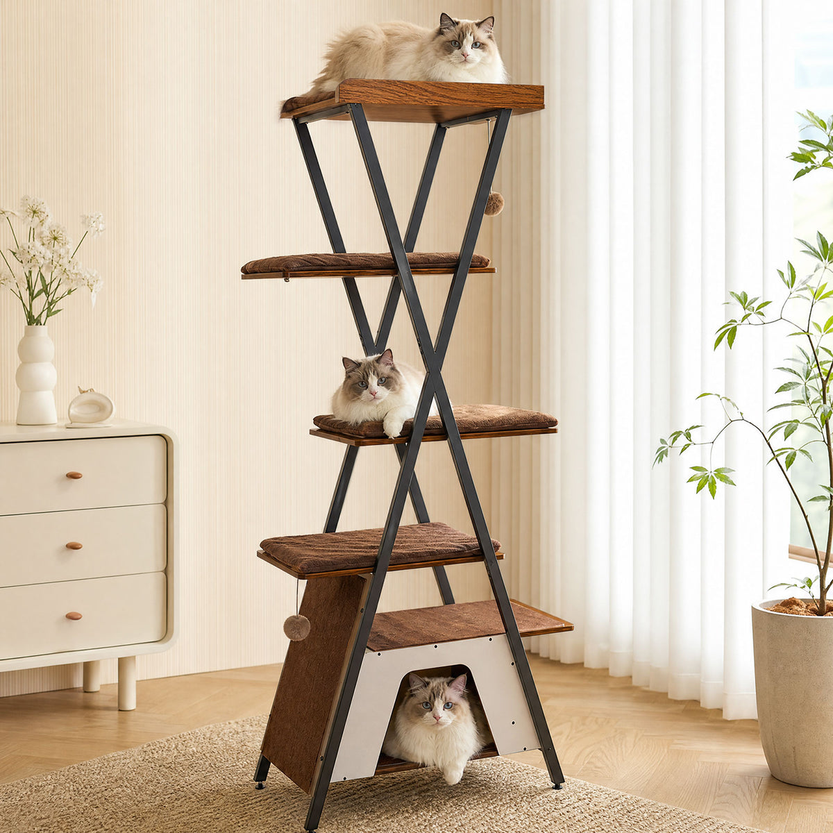 73in Modern Cat Tower For Indoor Cats - Multi-Level Cat Tree With Scratching Posts, Caves, Large Perch & Removable Pads 
